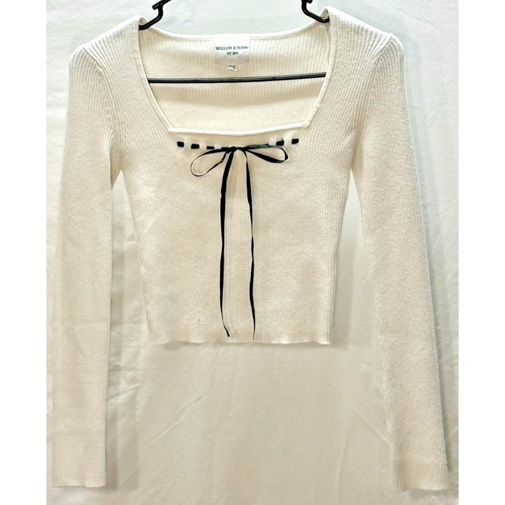 Coquette Balletcore Cropped Ribbed Cream Knit Sweater w/ Ribbon Tie Sz XS